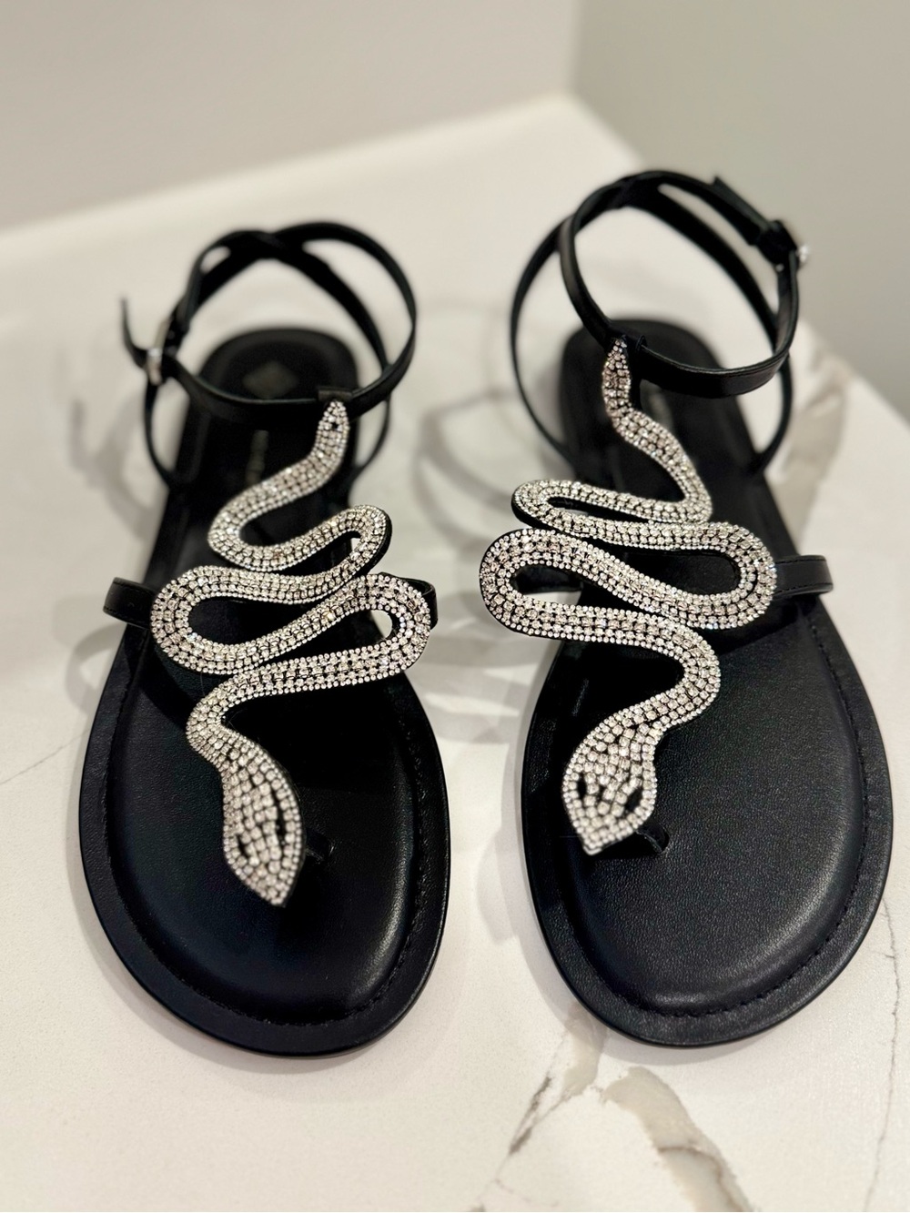 Antonio Melani Rhinestone Snake Sandals - Black Leather 10M
